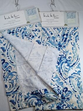 Nicole Miller Blue & White Faux Roman Valance Set Pair